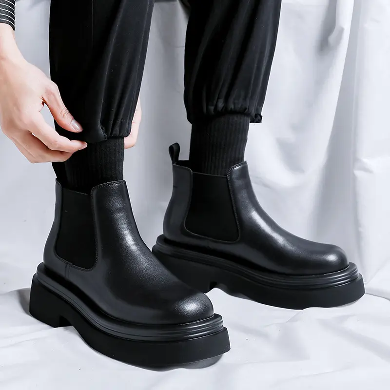 British style mens casual chelsea boots black tide genuine leather shoes cowboy platform boot spring autumn ankle botas zapatos
