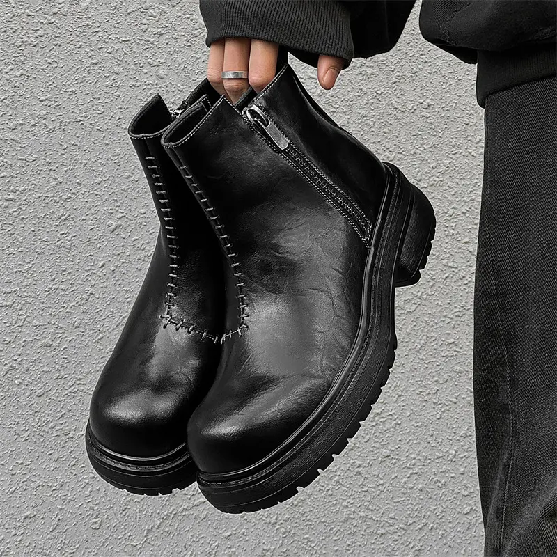 men fashion punk rock chelsea boots black genuine leather shoes big toe cowboy platform boot brand designer cool ankle botas man