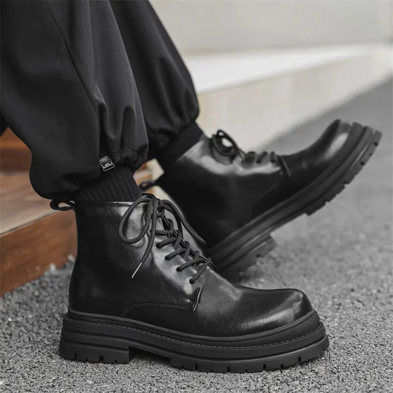 men's casual party banquet platform boots lace-up genuine leather shoes black trendy cowboy ankle boot handsome short botas male