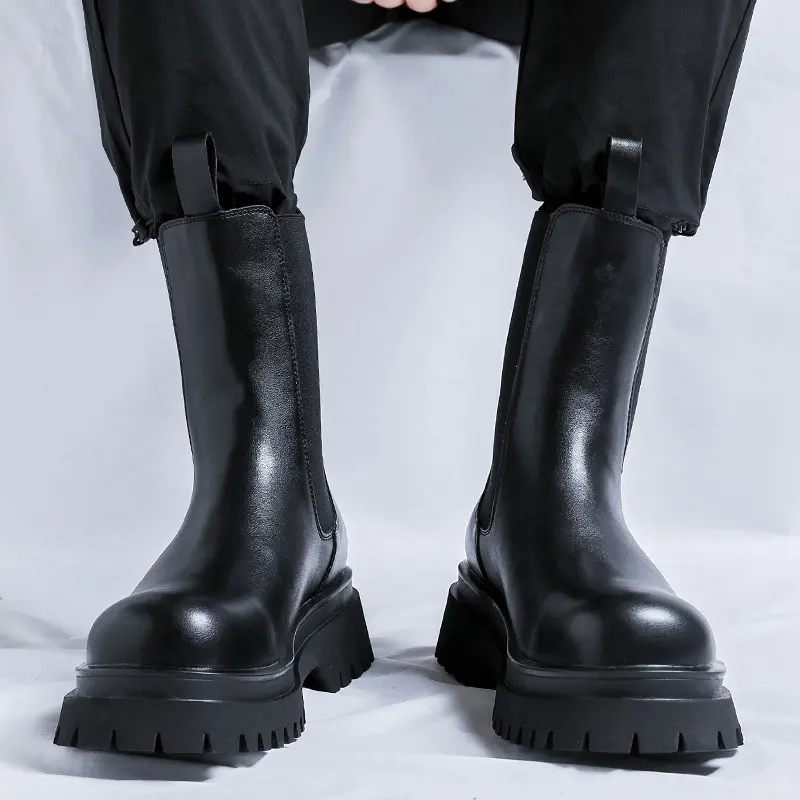 men fashion high chelsea boots genuine leather shoes stage nightclub dress cowboy platform boot handsome long motorcycle botas