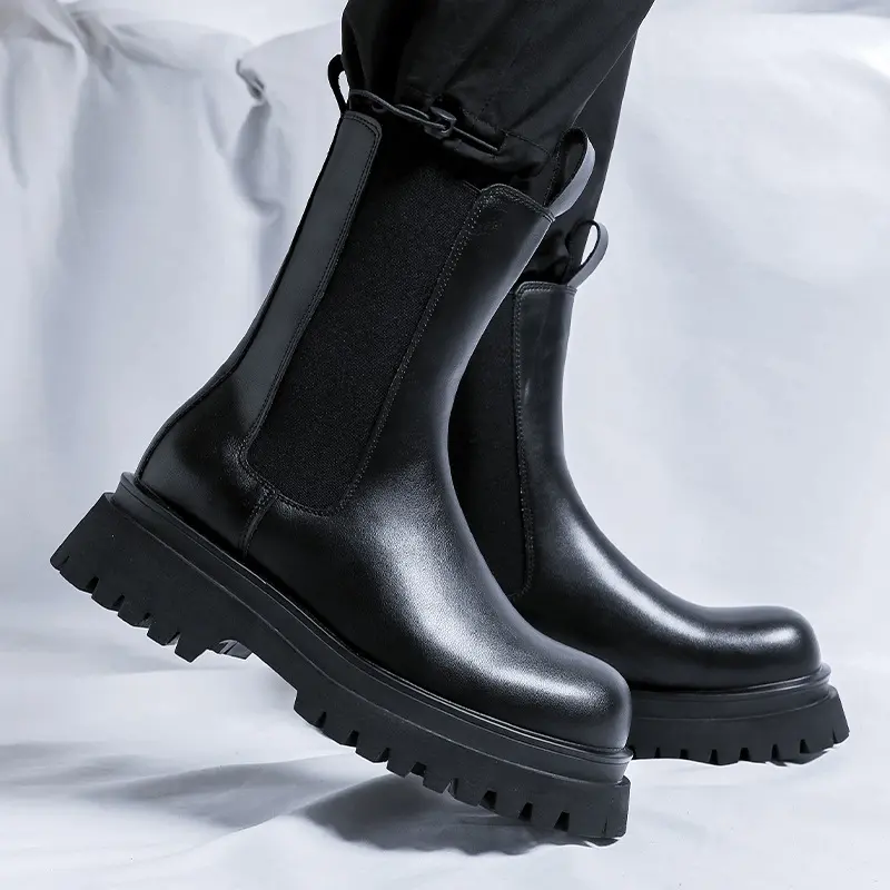 men fashion high chelsea boots genuine leather shoes stage nightclub dress cowboy platform boot handsome long motorcycle botas