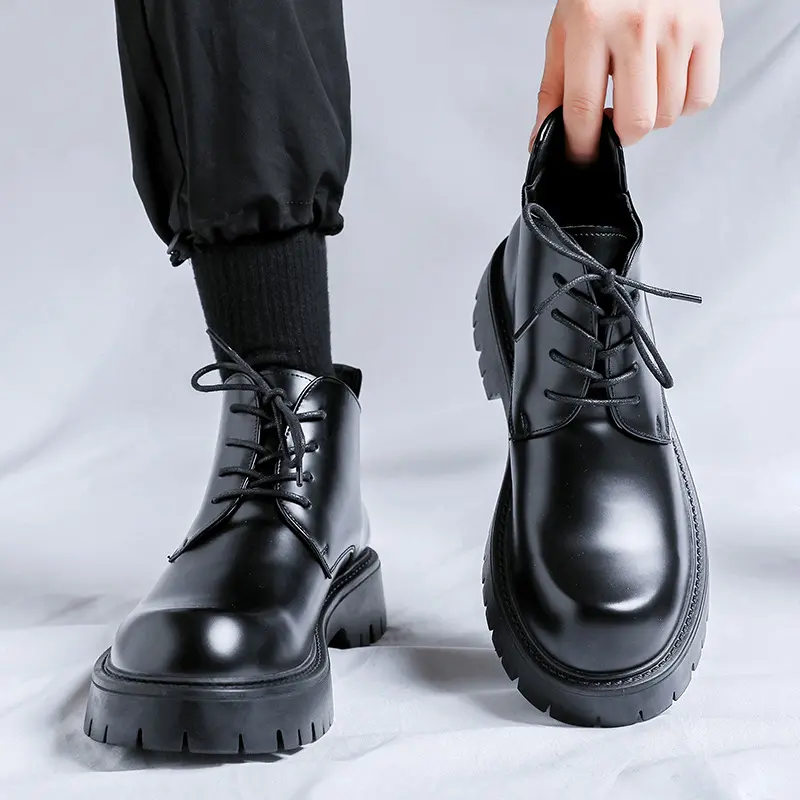 men's casual party banquet dress platform boots black trendy natural leather shoes cowboy ankle boot handsome short botas hombre