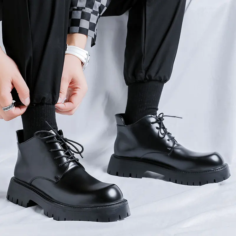 men's casual party banquet dress platform boots black trendy natural leather shoes cowboy ankle boot handsome short botas hombre