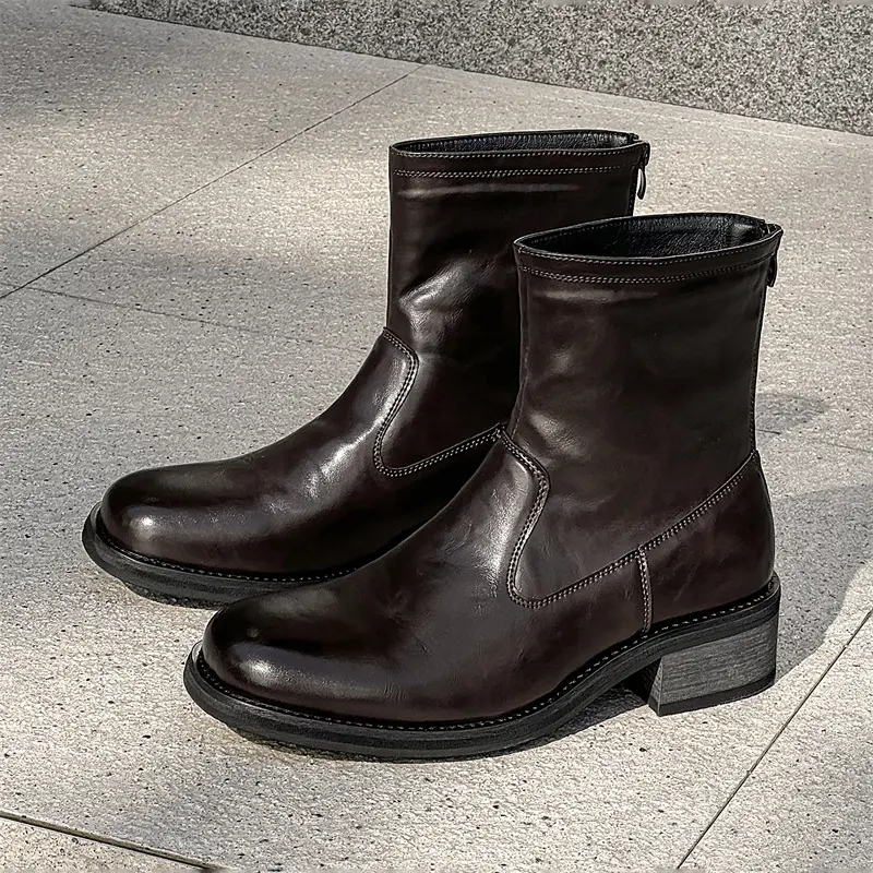 Korean style men fashion high chelsea boots black brown original leather shoes vintage cowboy boot handsome long motorcycle bota