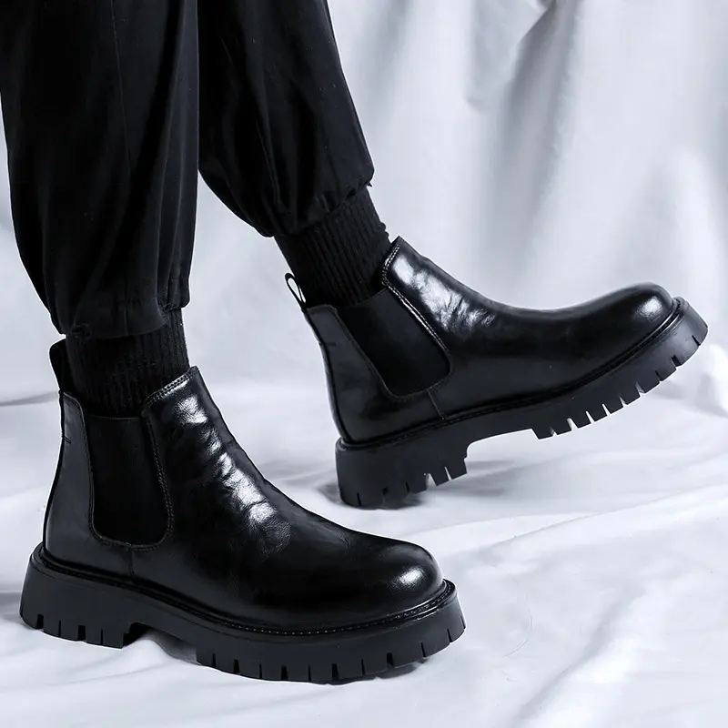 men fashion chelsea boots black stylish genuine leather shoes cowboy autumn winter boot business office platform ankle botas man