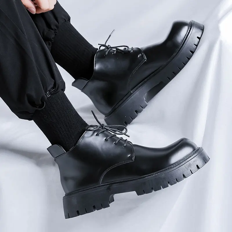 men's casual party banquet dress platform boots black trendy natural leather shoes cowboy ankle boot handsome short botas hombre