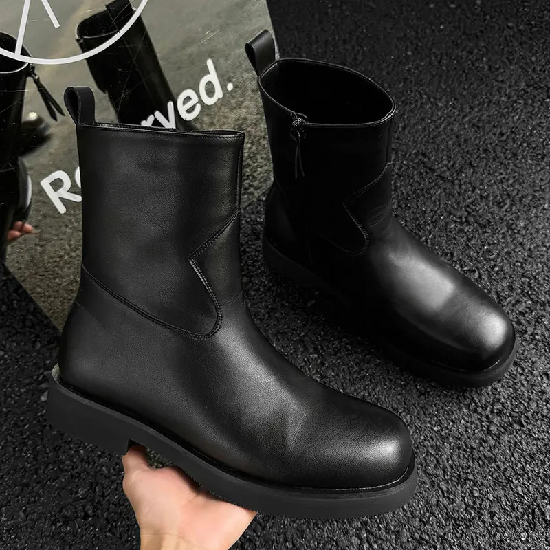 men's casual high motorcycle boots black brown original leather shoes cowboy platform chelsea boot handsome long chimney botas