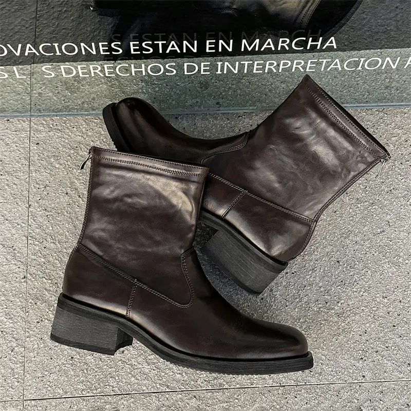 Korean style men fashion high chelsea boots black brown original leather shoes vintage cowboy boot handsome long motorcycle bota