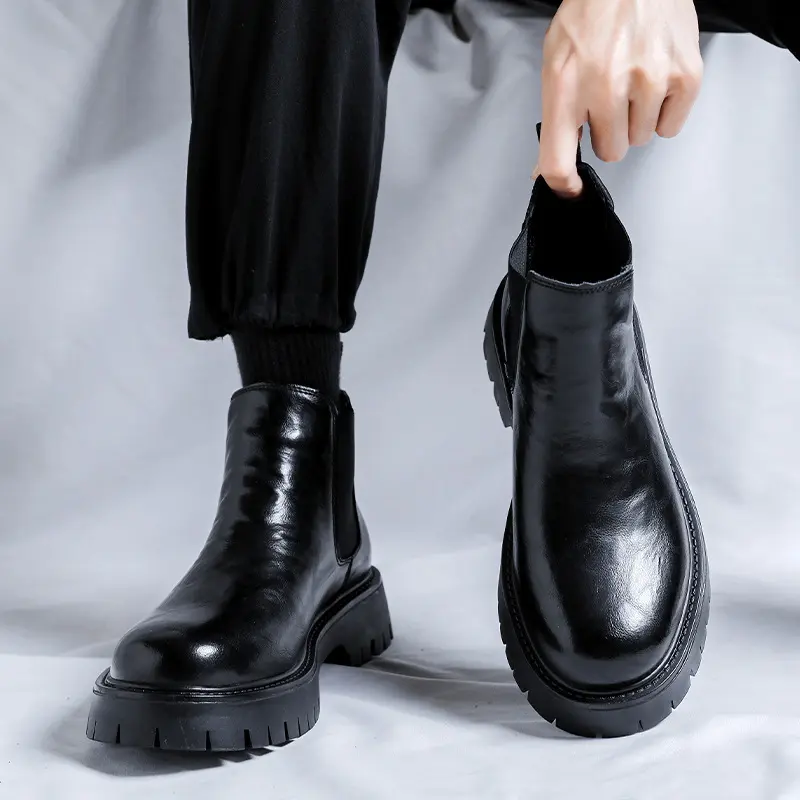 men fashion chelsea boots black stylish genuine leather shoes cowboy autumn winter boot business office platform ankle botas man