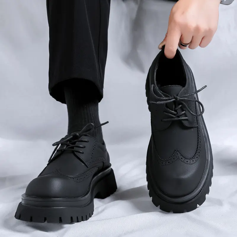 men's fashion wedding party dress genuine leather brogue shoes lace-up derby shoe black trendy platform sneakers youth footwear