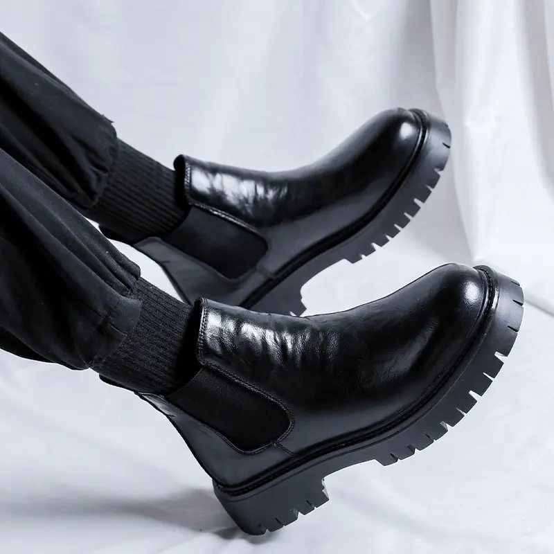 men fashion chelsea boots black stylish genuine leather shoes cowboy autumn winter boot business office platform ankle botas man
