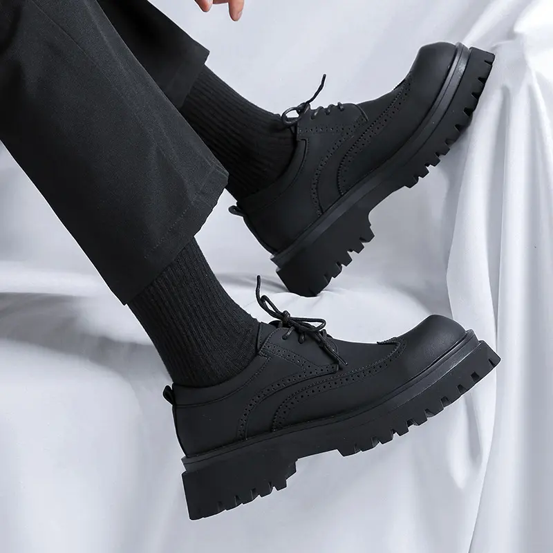 men's fashion wedding party dress genuine leather brogue shoes lace-up derby shoe black trendy platform sneakers youth footwear