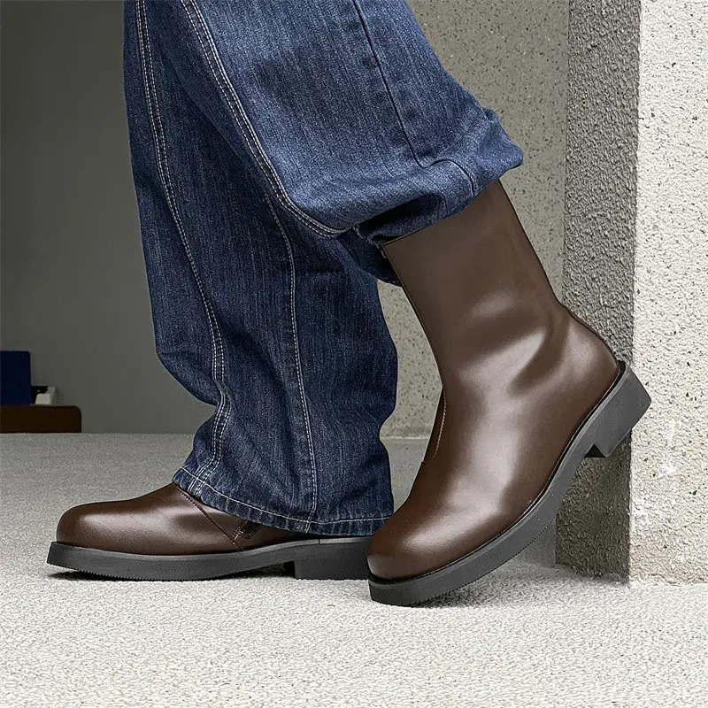 men's fashion stage nightclub high chelsea boots brown genuine leather shoes cowboy platform boot handsome long motorcycle botas