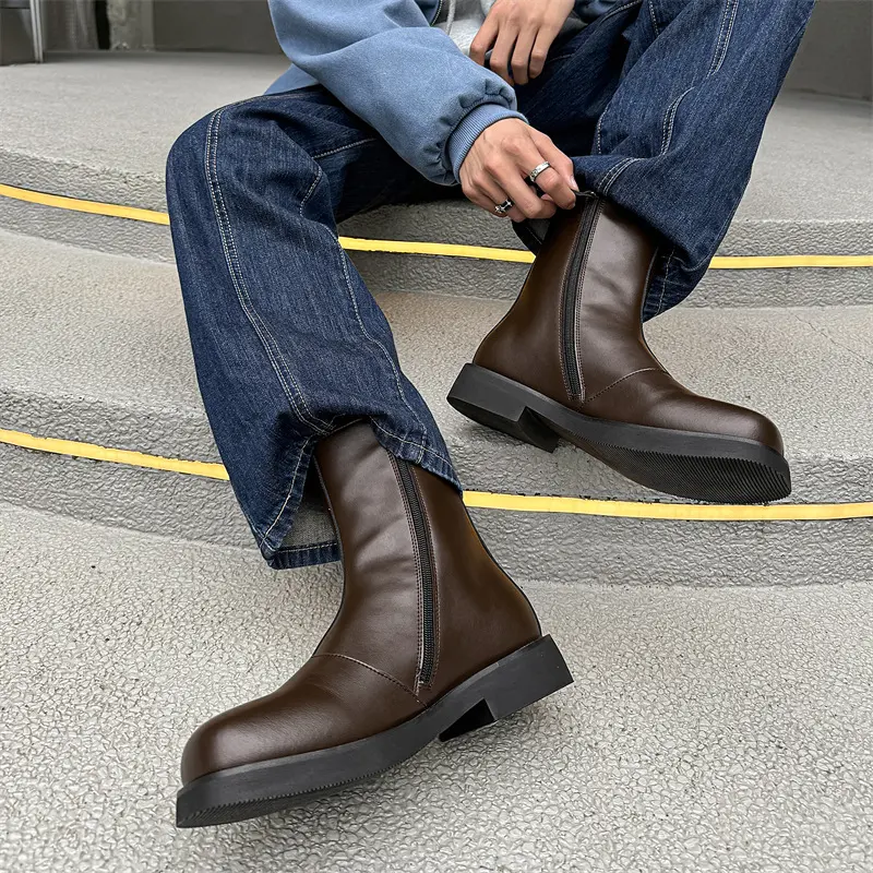 men's fashion stage nightclub high chelsea boots brown genuine leather shoes cowboy platform boot handsome long motorcycle botas