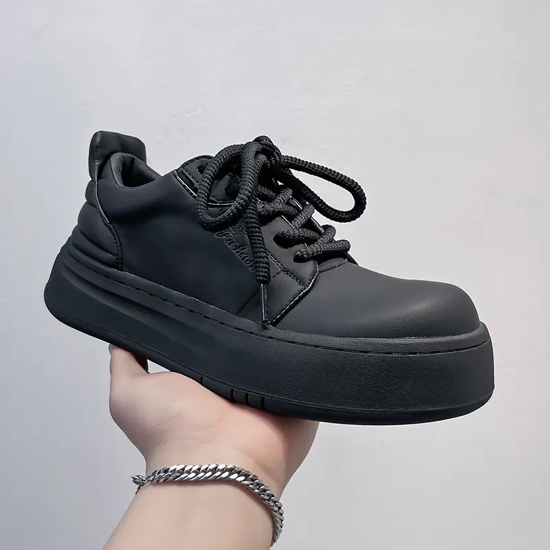 Korean style mens casual flats platform shoes lace-up genuine leather oxfords shoe black white stylish sneakers youth footwear