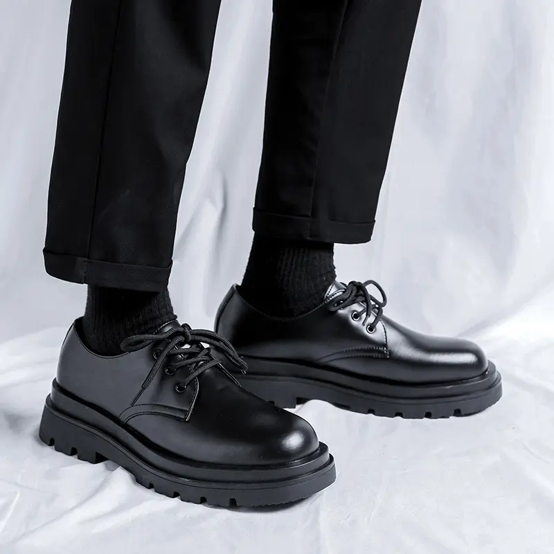 men casual business office dress genuine leather shoes black tide lace up derby shoe gentleman breathable platform work footwear