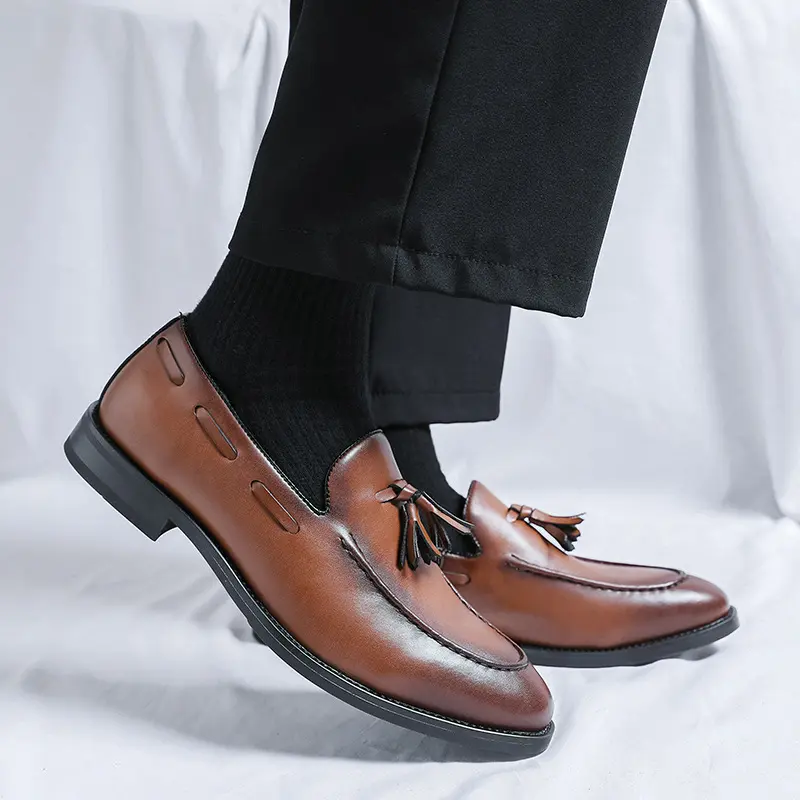 big size men casual business wedding formal dress shoes slip-on tassels shoe breathable black brown soft leather loafers sneaker