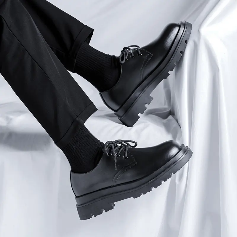 men casual business office dress genuine leather shoes black tide lace up derby shoe gentleman breathable platform work footwear