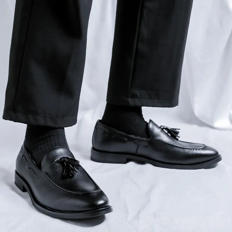big size men casual business wedding formal dress shoes slip-on tassels shoe breathable black brown soft leather loafers sneaker
