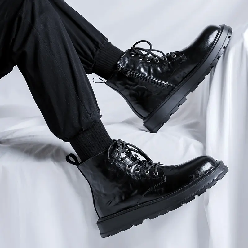 England style mens casual original leather boots black trendy platform shoes party prom dress cowboy ankle boot short botas mans