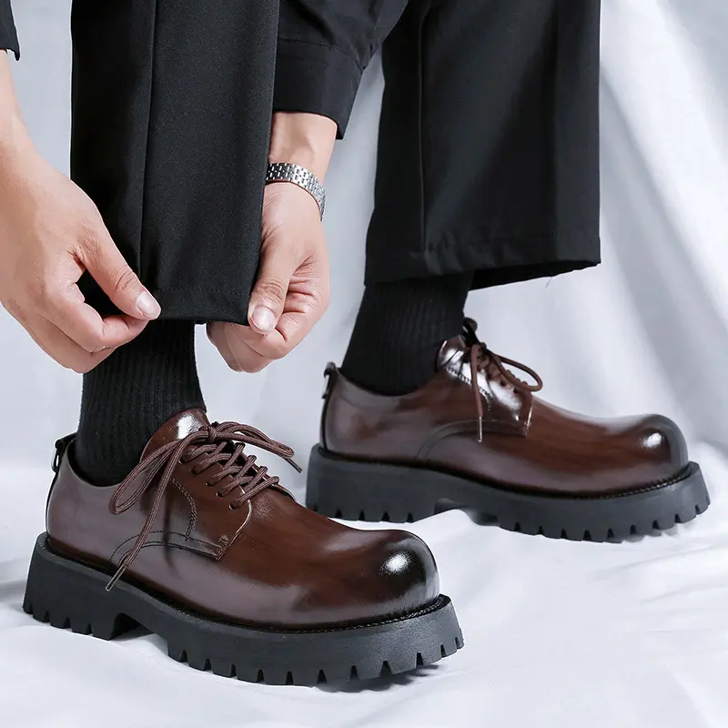 men's casual business office formal dress platform shoes black brown genuine leather deby shoe breathable gentleman footwear man