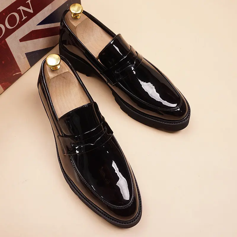 Korean style men's casual wedding party dress patent leather shoes slip-on driving shoe black stylish platform loafers footwear