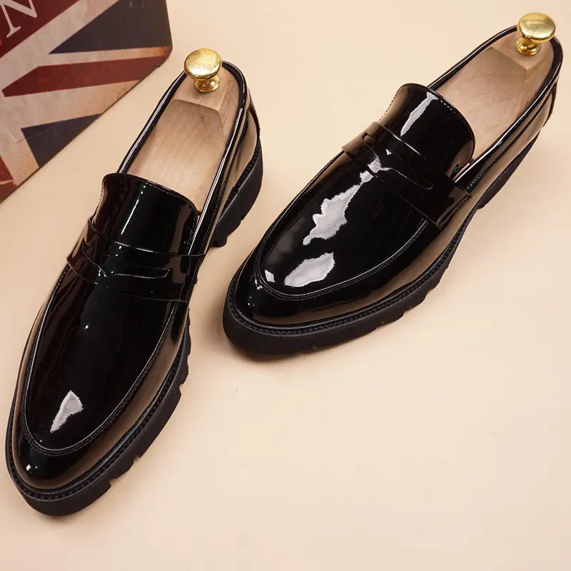 Korean style men's casual wedding party dress patent leather shoes slip-on driving shoe black stylish platform loafers footwear