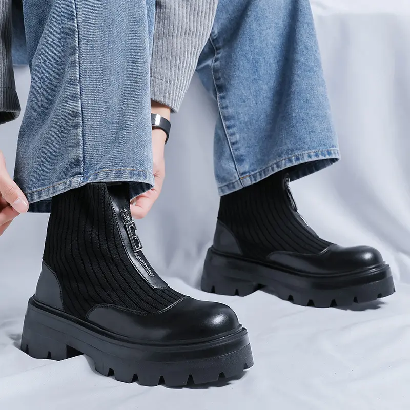 England style mens fashion platform boots brand designer black white shoes punk rock cowboy ankle boot air mesh chelsea botas