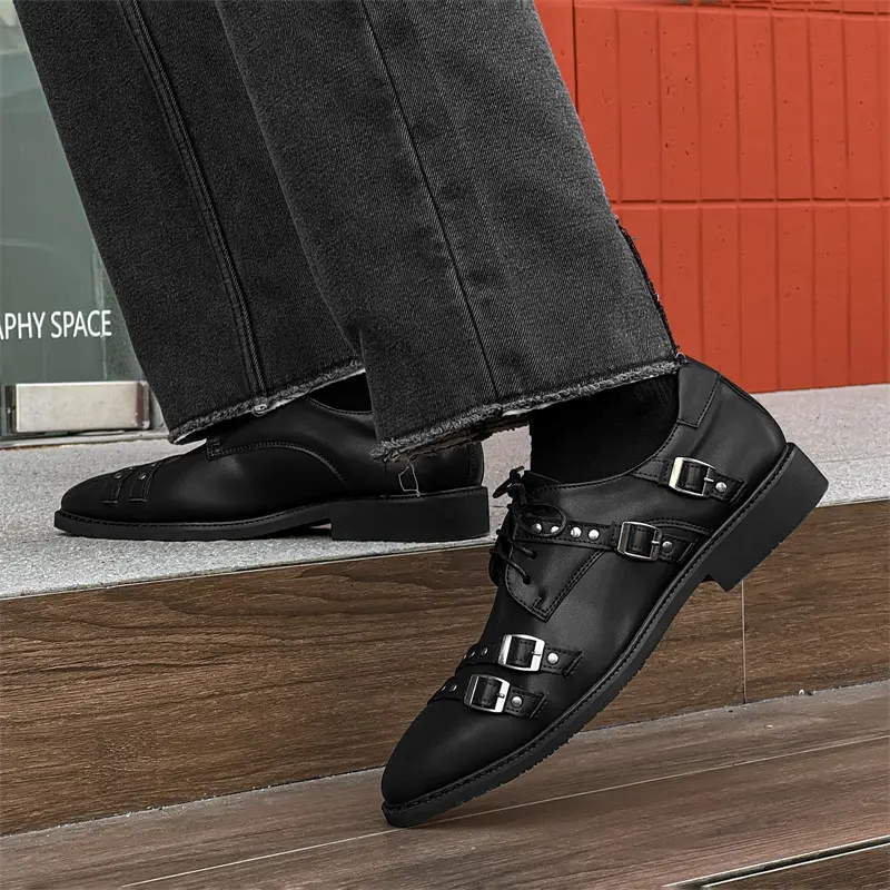 men luxury fashion punk rock genuine leather shoes lace-up pointed toe oxfords shoe brand designer buckle sneakers mans footwear