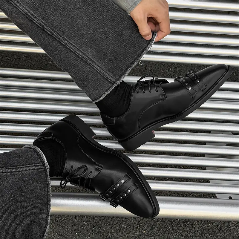 men luxury fashion punk rock genuine leather shoes lace-up pointed toe oxfords shoe brand designer buckle sneakers mans footwear