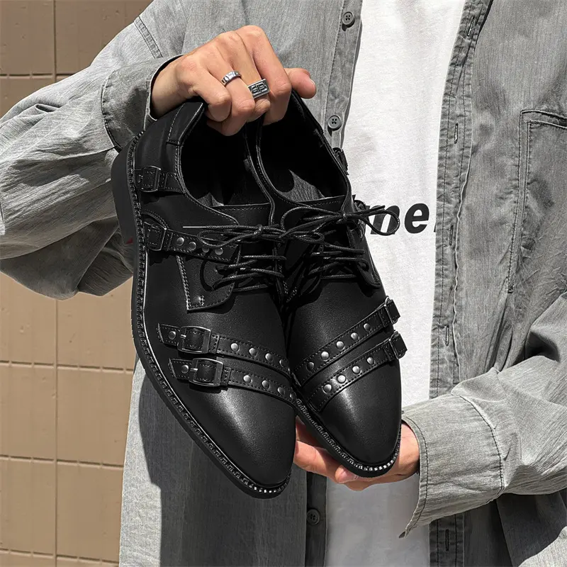 men luxury fashion punk rock genuine leather shoes lace-up pointed toe oxfords shoe brand designer buckle sneakers mans footwear