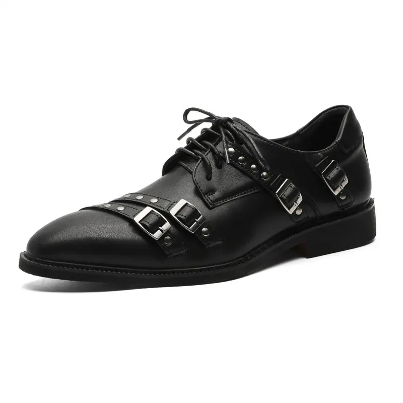 men luxury fashion punk rock genuine leather shoes lace-up pointed toe oxfords shoe brand designer buckle sneakers mans footwear
