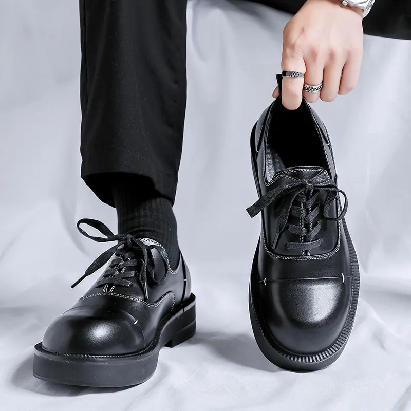 British style men casual business wedding formal dress shoes lace-up oxfords shoe black stylish natural leather platform sneaker