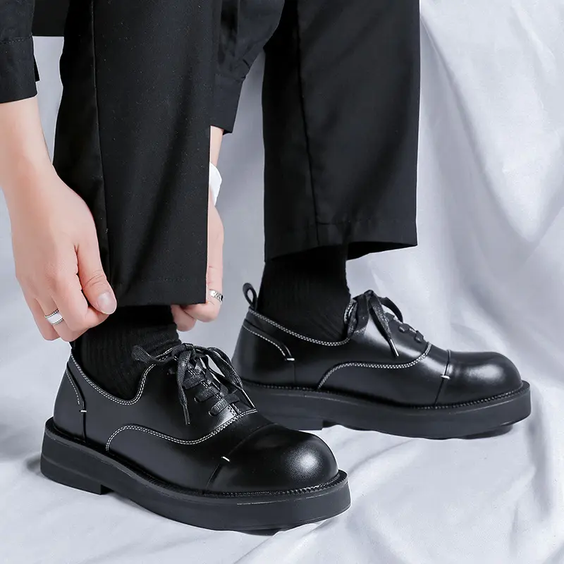 British style men casual business wedding formal dress shoes lace-up oxfords shoe black stylish natural leather platform sneaker