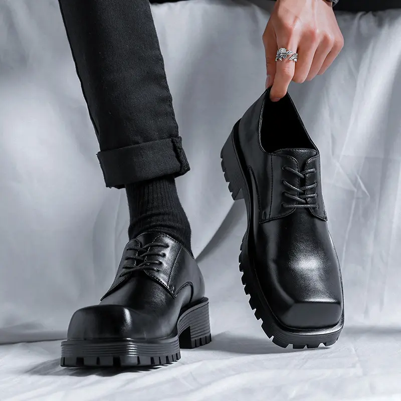 mens fashion wedding party dress shoes lace-up square toe derby shoe black stylish platform sneakers genuine leather footwear