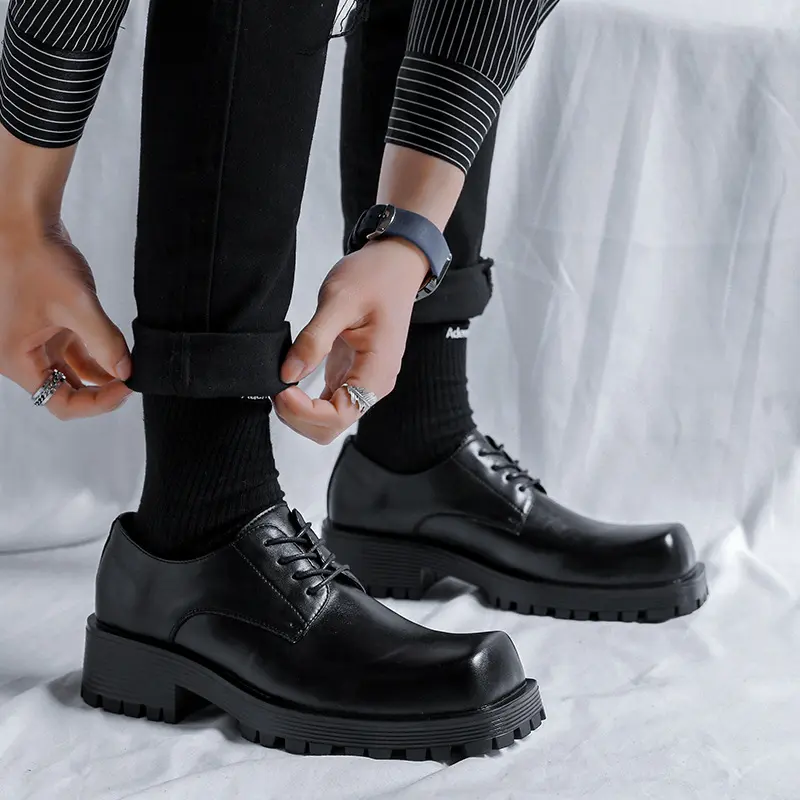 mens fashion wedding party dress shoes lace-up square toe derby shoe black stylish platform sneakers genuine leather footwear