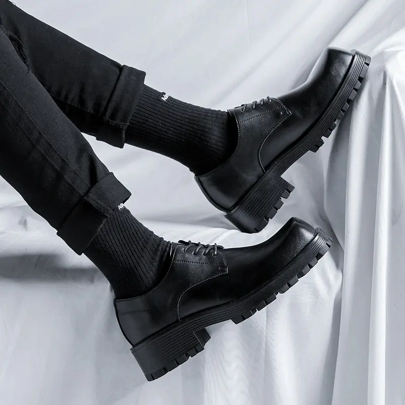 mens fashion wedding party dress shoes lace-up square toe derby shoe black stylish platform sneakers genuine leather footwear