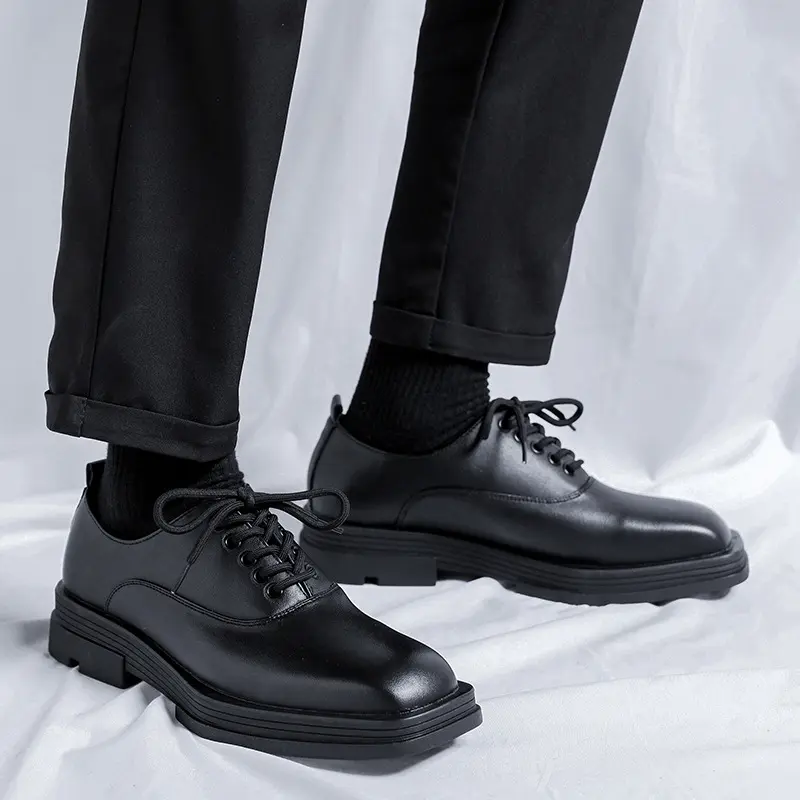 men fashion square toe shoes lace-up oxfords shoe punk rock dress black stylish genuine leather footwear brand designer sneakers