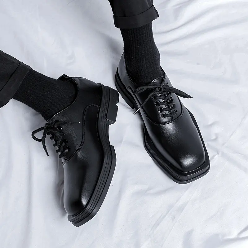 men fashion square toe shoes lace-up oxfords shoe punk rock dress black stylish genuine leather footwear brand designer sneakers
