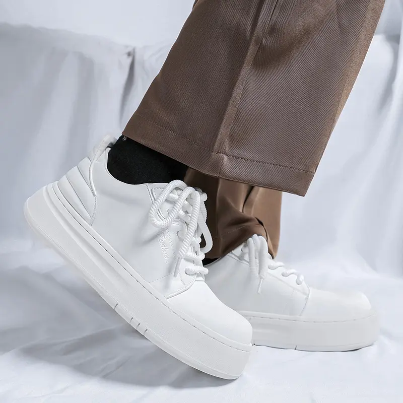 Korean style mens casual original leather shoes lace-up flats platform shoe business office dress black white sneakers footwear
