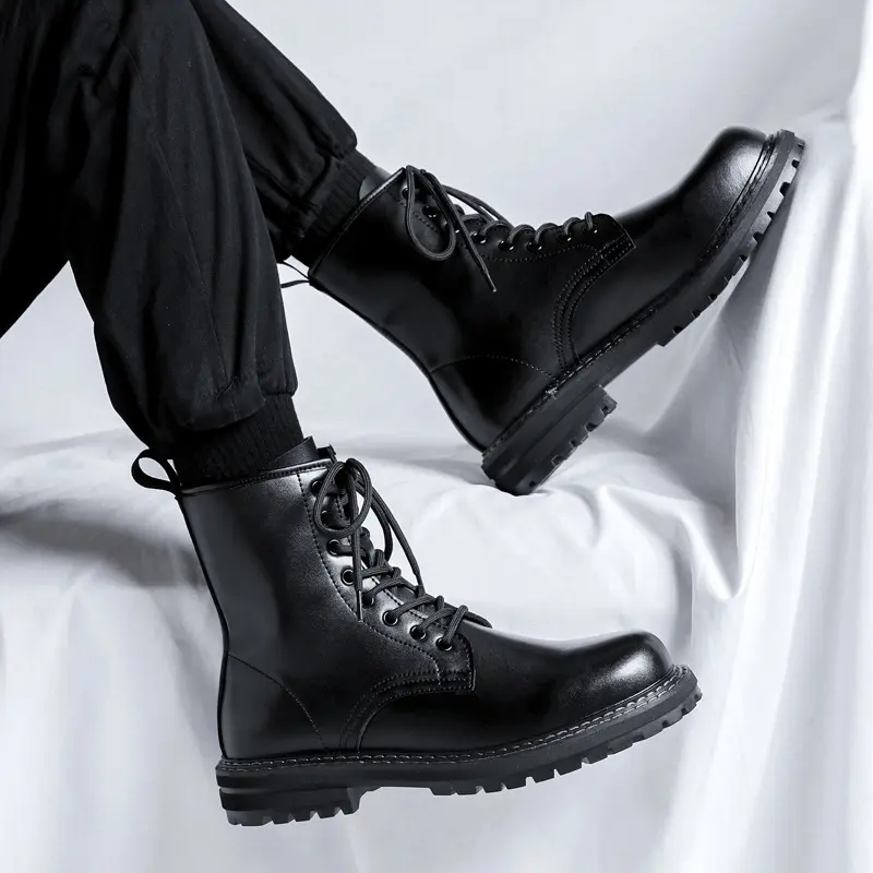 England style mens fashion high motorcycle boots lace-up genuine leather shoes cowboy platform boot handsome tooling work botas