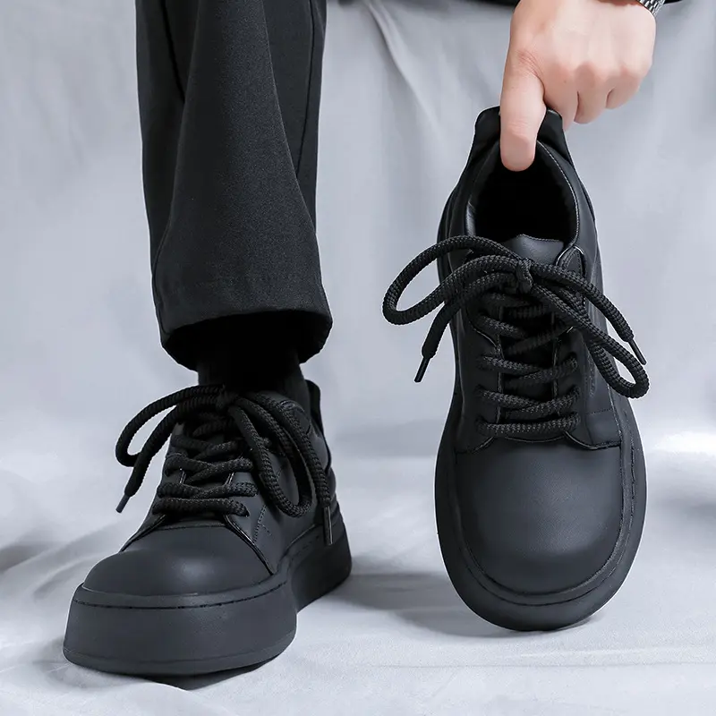 Korean style mens casual original leather shoes lace-up flats platform shoe business office dress black white sneakers footwear