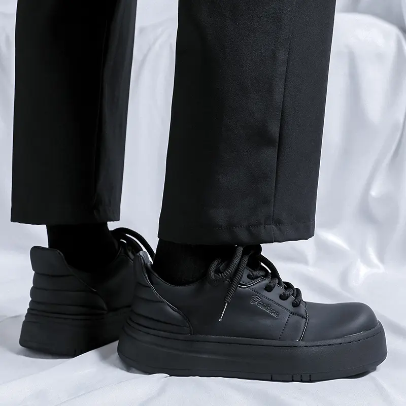 Korean style mens casual original leather shoes lace-up flats platform shoe business office dress black white sneakers footwear