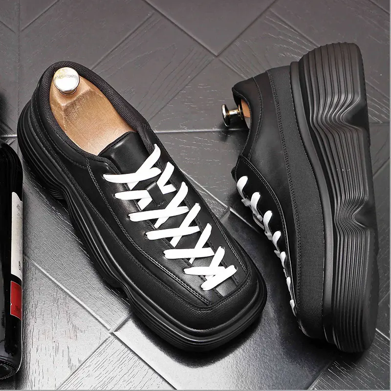 Korean style men fashion platform shoes lace-up oxfords shoe quare toe original leather sneakers brand designer trendy footwear