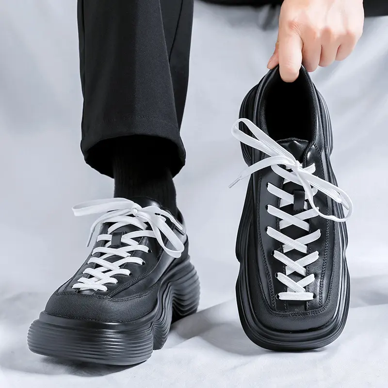 Korean style men fashion platform shoes lace-up oxfords shoe quare toe original leather sneakers brand designer trendy footwear