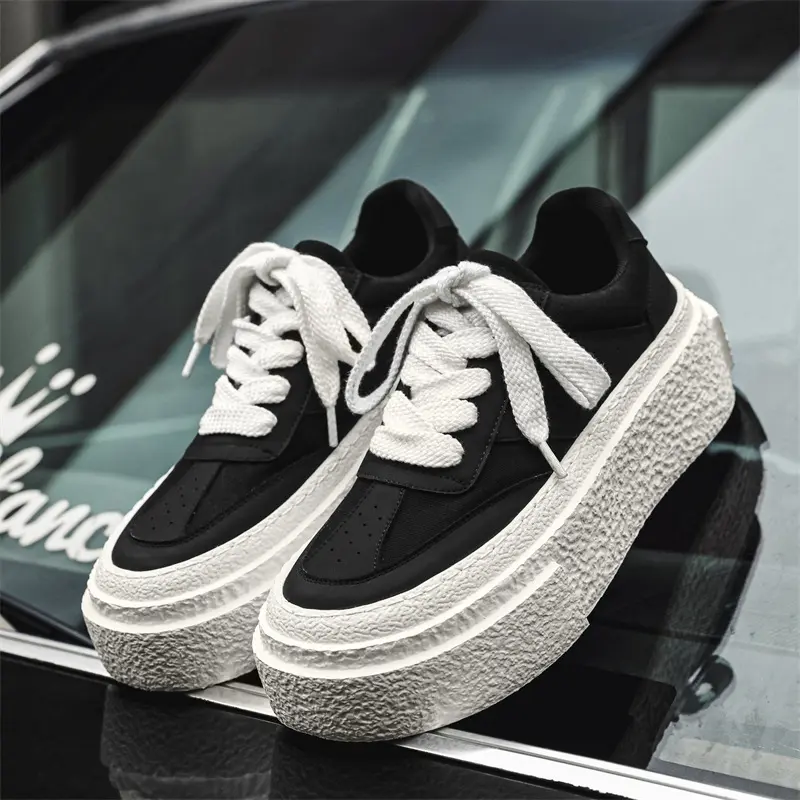 mens casual breathable flats platform shoes lace-up oxfords shoe black white original leather sneakers street style footwear man