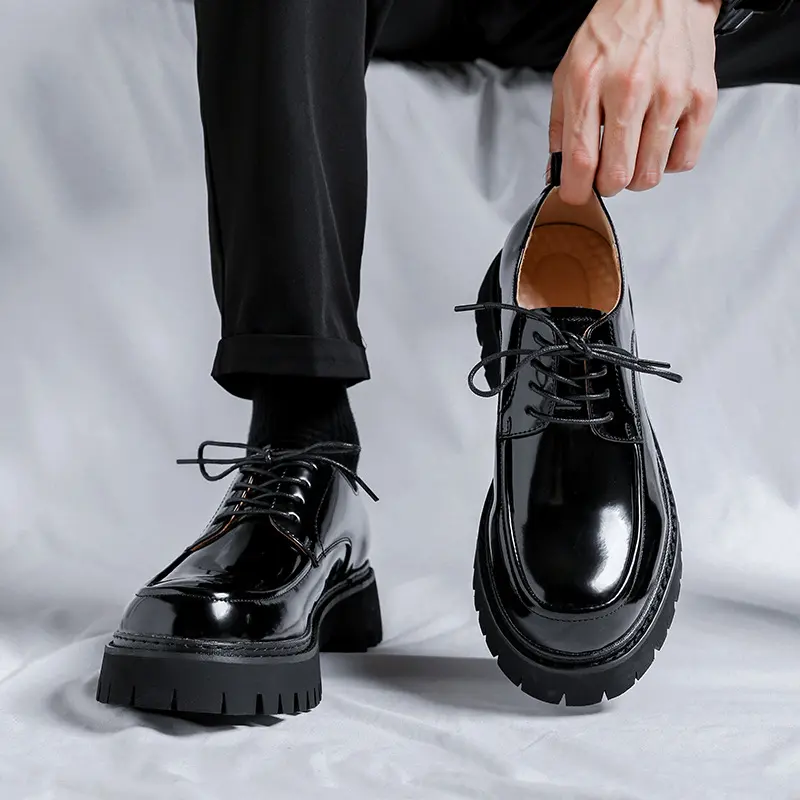 mens casual patent leather shoes lace-up oxfords shoe business office formal dress black tide platform sneakers gentle footwear