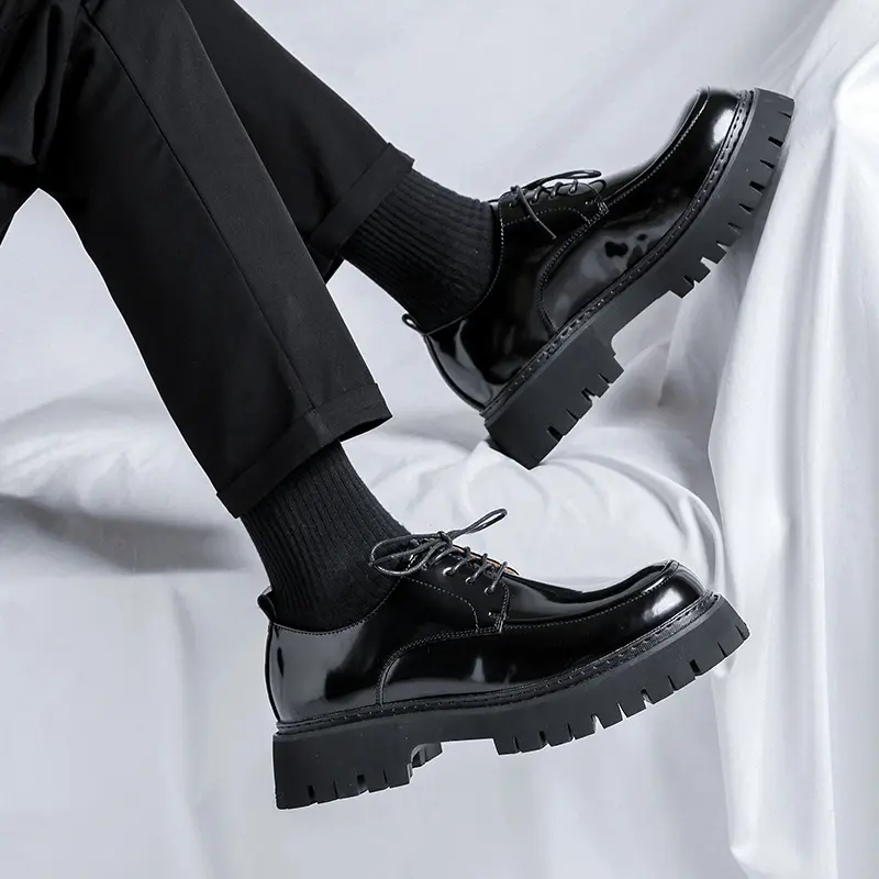 mens casual patent leather shoes lace-up oxfords shoe business office formal dress black tide platform sneakers gentle footwear