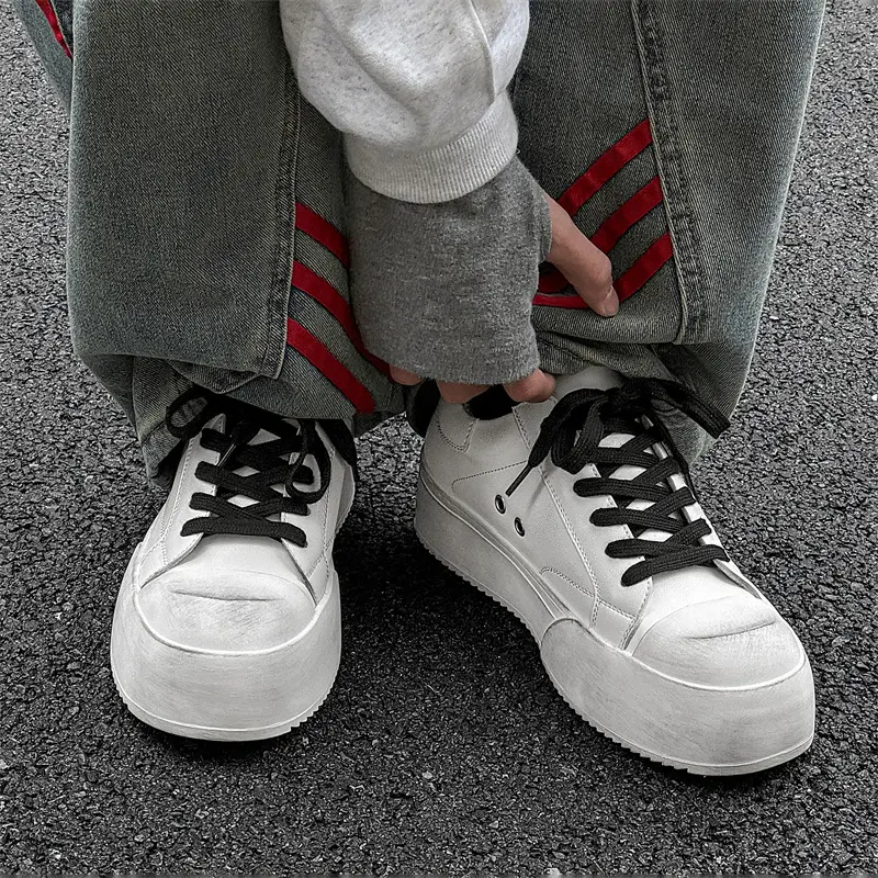 large size mens casual black white shoes lace-up genuine leather oxfords shoe flats platform sneakers street style mans footwear