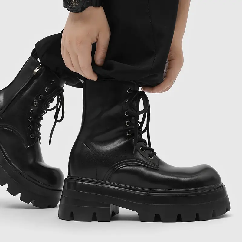 British style men fashion stage nightclub high motorcycle boots black trendy genuine leather shoes cowboy platform botas hombre
